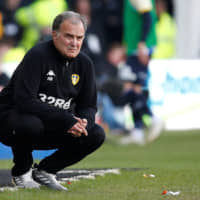 Leeds United manager Marcelo Bielsa watches his team face Derby County on May 11. | REUTERS