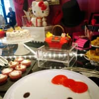 A dessert buffet with a Hello Kitty theme is held at Hilton Osaka on Wednesday to mark the 100th anniversary of Hilton and the 45th anniversary of the Japanese character. | KYODO