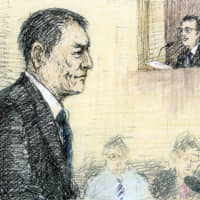 A courtroom sketch shows actor and musician Pierre Taki appearing at the Tokyo District Court on Tuesday. | KYODO