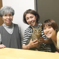 Sunny days: The Matsumoto family poses with their cat, Tournesol. Mayumi Matsumoto (center) says the cat they adopted from ARK has become fast friends with Mayumi\'s mother, Fumiko (left), and daughter Saki (right). | KUMIKO MIYATAKE