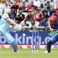 England captain Eoin Morgan bats during a Cricket World Cup match against Afghanistan at Old Trafford in Manchester, England, on Tuesday. | AP