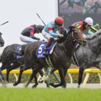 Indy Champ (center), ridden by Yuichi Fukunaga, races to victory in Sunday\'s Yasuda Kinen at Tokyo Racecourse. | KYODO