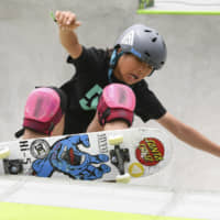 Misugu Okamoto skates during the Dew Tour skateboarding event on Sunday in Long Beach, California. Okamoto, 12, won the event, which also serves as an Olympic qualifier. | USA TODAY / VIA REUTERS