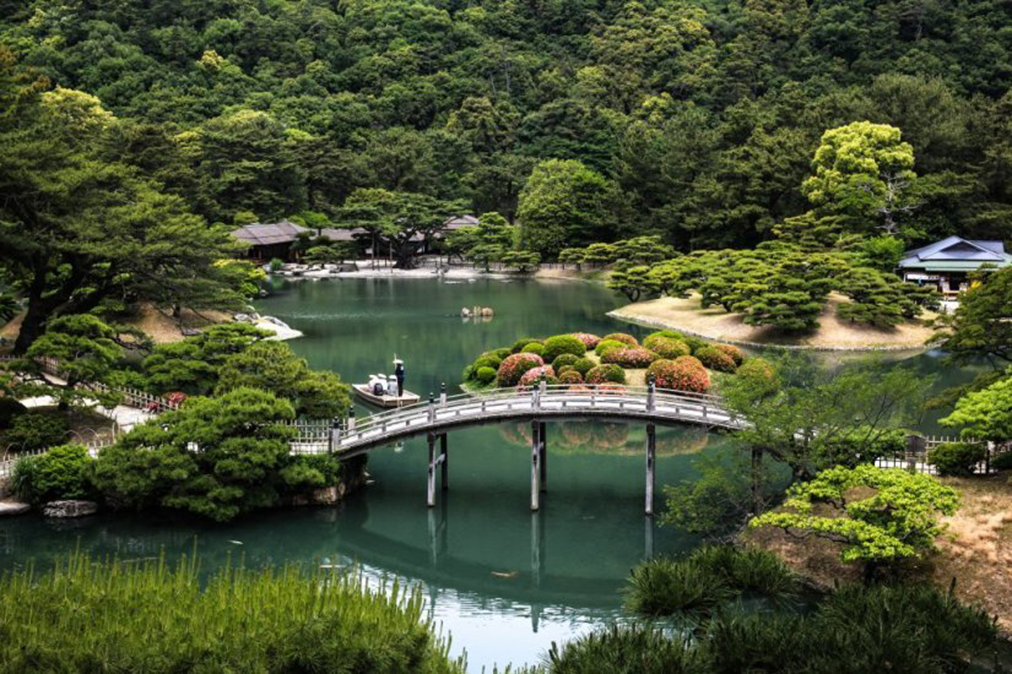 Ritsurin Garden, the largest traditional Japanese garden in the country, boasts a wide variety of flowers and trees.