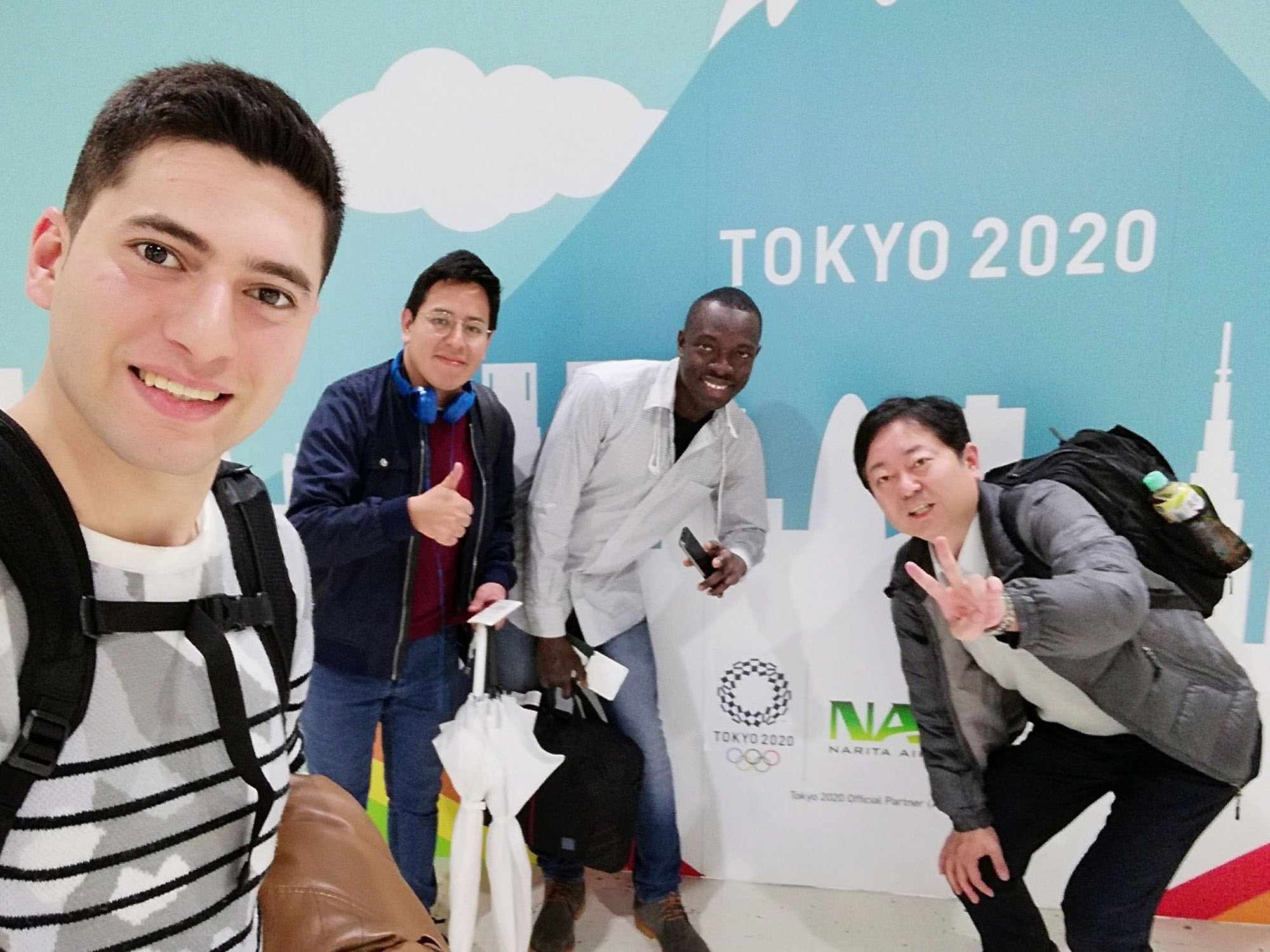 Mohamad Ghaith Alzin (far left) before flying to an international conference with his classmates and professor. | SOKA UNIVERSITY