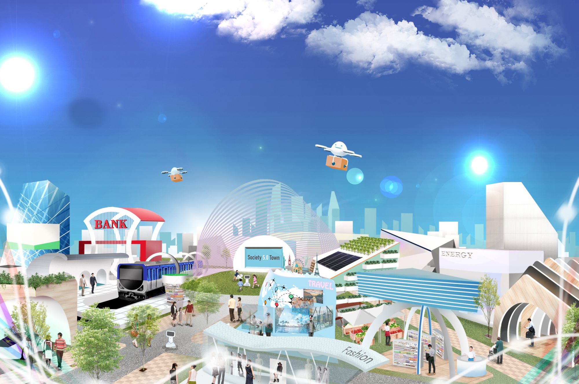 A rendering of 'Society 5.0 Town,' an area of the event space created in collaboration among companies from diverse sectors such as banking, construction, logistics, retail, transport and entertainment as well as local governments | CEATEC EXECUTIVE BOARD
