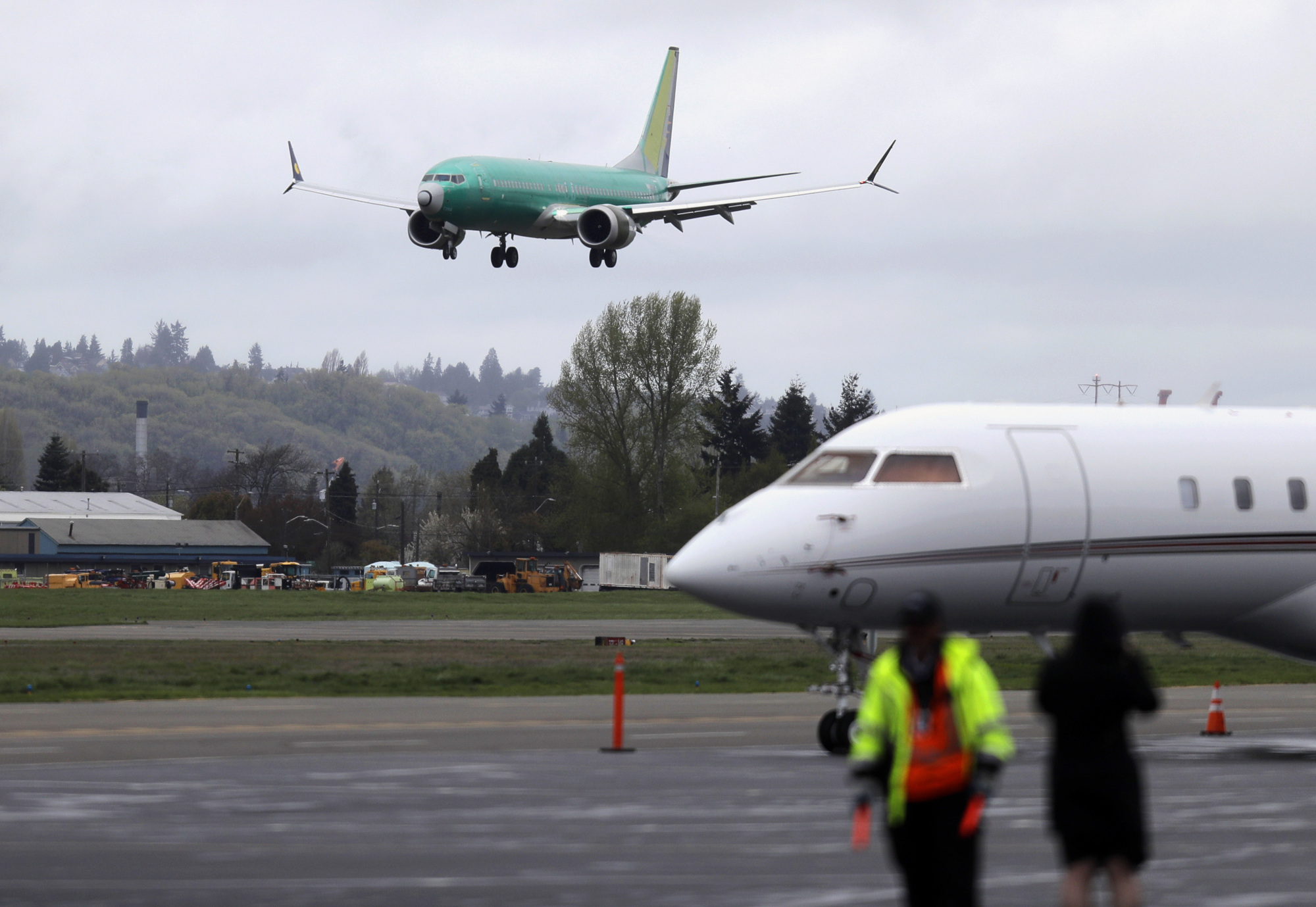 A Boeing 737 Max 8 airplane being built for India-based Jet Airways lands following a test flight in April at Boeing Field in Seattle. Boeing Co. reported earnings on Wednesday. | AP