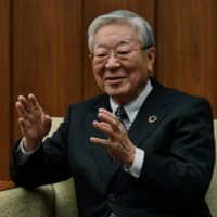 Keidanren Chairman Hiroaki Nakanishi speaks during an interview with The Japan Times on December 2018. | YOSHIAKI MIURA