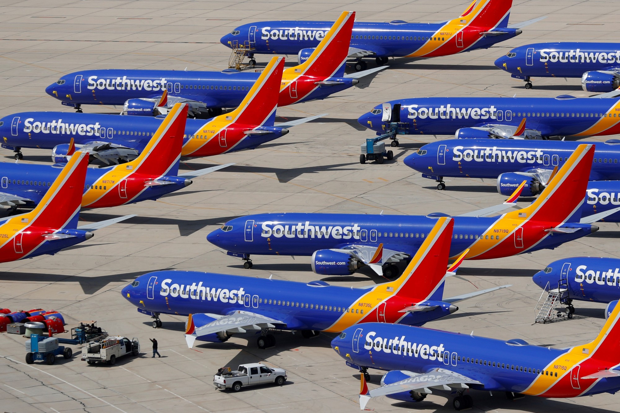 Grounded Southwest Airlines Boeing 737 Max 8 aircraft are shown parked at Victorville Airport in Victorville, California, March 26. | REUTERS