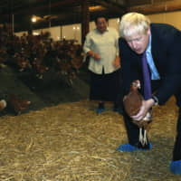 British Prime Minister Boris Johnson,  accompanied by local farmer Ingrid Shervington, holds a chicken during his visit to rally support for his farming plans post-Brexit, at Shervington Farm, in St Brides Wentlooge near Newport, south Wales, Tuesday. | ADRIAN DENNIS / POOL PHOTO / VIA AP