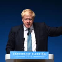 Conservative lawmaker and leadership contender Boris Johnson takes part in a  Conservative Party campaign event in Perth, Scotland, on Friday. | AFP-JIJI