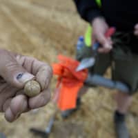 Army veterans, who recently served as soldiers in war zones, show bullets found in what used to be a battlefield of Waterloo as part of archaeological research campaign called \"Waterloo Uncovered,\" which aims to explore the battlefield of Waterloo, in Waterloo, Belgium, Tuesday. | REUTERS