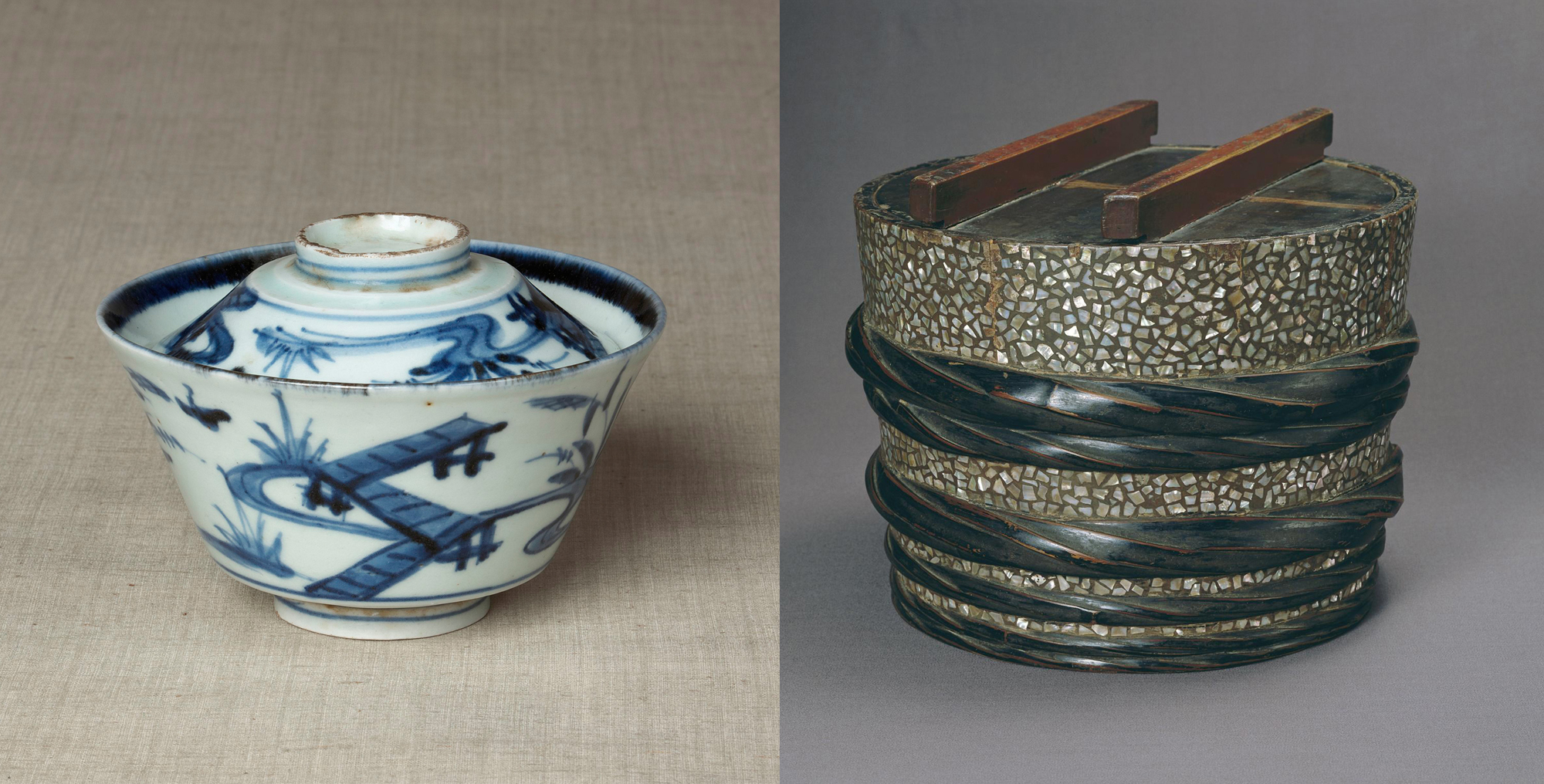 Left to right: One of the 18th-century blue-and-white lidded porcelain rice bowls that were favorites of Soetsu Yanagi, and an ornamental lacquerware sake container decorated with mother-of-pearl inlay (18th century). | THE JAPAN FOLK CRAFTS MUSEUM
