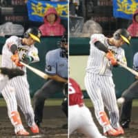 Hanshin Tigers rookie Koji Chikamoto hits for the cycle in Game 2 of the NPB All-Star Series on Saturday. Chikamoto completed the feat with a seventh-inning triple at Koshien Stadium. In this photo compilation, he\'s seen getting hits in the first (home run), second, third and seventh innings. | KYODO