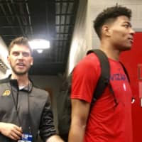 Riccardo Fois, a player development coach for the Phoenix Suns, and Rui Hachimura are seen after the Washington Wizards\' 76-71 win over the Atlanta Hawks in the NBA Summer League at Thomas &amp; Mack Center on Thursday. | KAZ NAGATSUKA