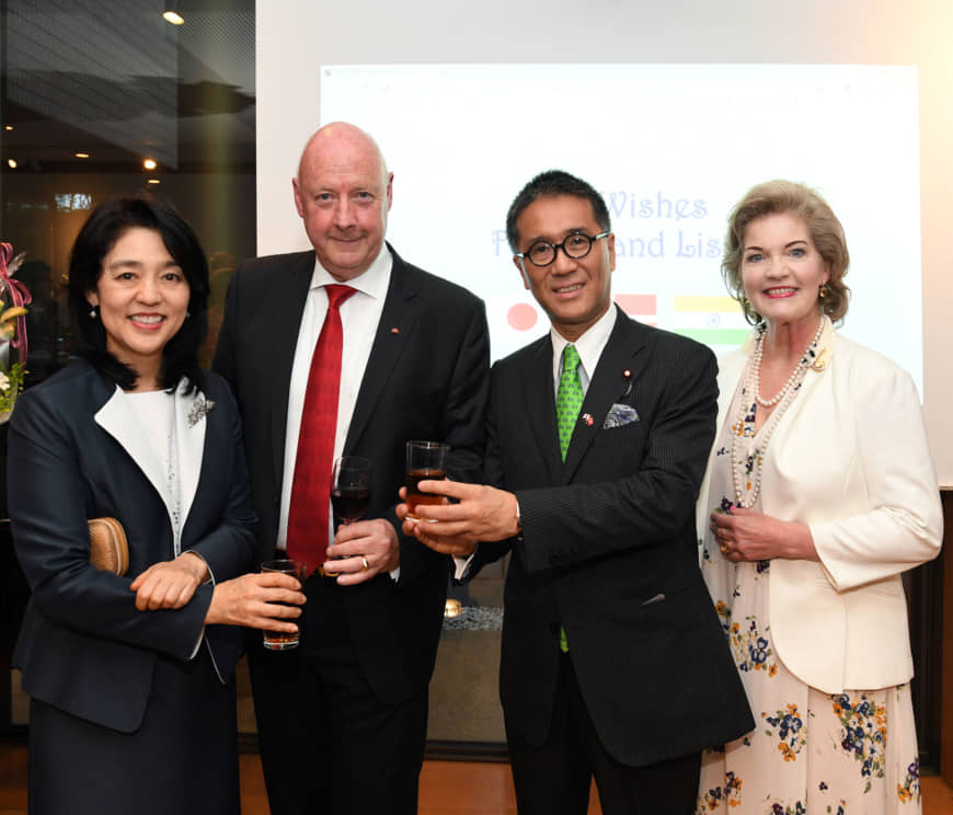 At his farewell reception, Danish Ambassador Freddy Svane (second from left) and his wife, Lise Frederiksen (far right), poses with Kaori Kono (far left), wife of Foreign Minister Taro Kono, and Tadahiko Ito, secretary-general of the Japan-Denmark Parliamentary Friendship League, at the Danish Embassy on July 2. | YOSHIAKI MIURA