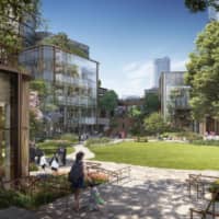 A rendering of the Toranomon-Azabudai project by Mori Building Co. shows its central square. | MORI BUILDING CO.