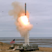 A conventionally configured U.S. cruise missile is launched Sunday on San Nicolas Island off the coast of California. | U.S. DEFENSE DEPARTMENT/ VIA AP