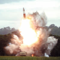This photo taken Friday and released Saturday by North Korea\'s official Korean Central News Agency (KCNA) shows the test-firing of a new weapon, presumed to be a short-range ballistic missile, at an undisclosed location. U.S. Secretary of State Mike Pompeo expressed displeasure Tuesday about North Korea\'s series of missile tests, but said he wants to resume negotiations on denuclearization with Pyongyang. | KCNA VIA KNS / VIA AFP-JIJI
