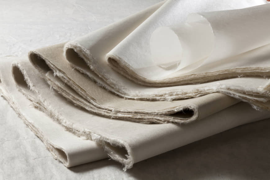 Nuances of white: Prized examples of papers known simply as washi. From top to bottom, Honmino-shi, Sekishu-banshi and Hosokawa-shi. | PHOTOGRAPHED WITH THE COOPERATION OF OZU WASHI