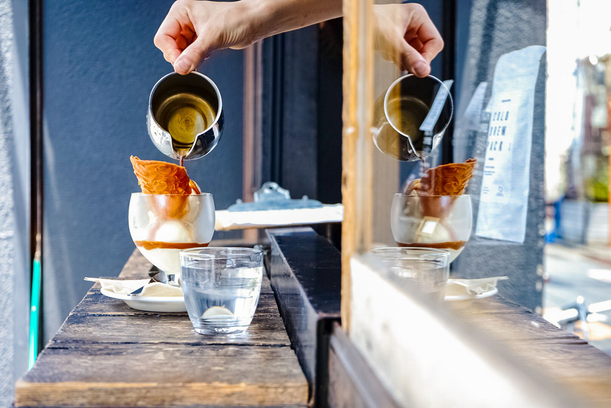Summer luxury: Iron Coffee's affogato is made with espresso, vanilla ice cream and homemade almond tuile cookies. | YUKI SATO