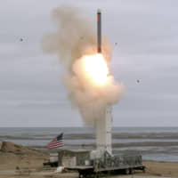 The U.S. Defense Department tests a ground-launched intermediate-range cruise missile in California on Aug. 18. The test followed the Aug. 2 collapse of the Intermediate-Range Nuclear Forces Treaty. | AFP-JIJI