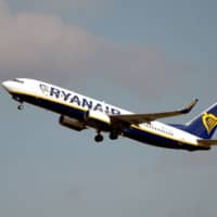 A Boeing 737 NG / Max of Irish low-cost carrier Ryanair after takes off from the Toulouse-Blagnac airport, near Toulouse, France, Friday. | AFP-JIJI
