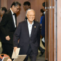 Keidanren Chairman Hiroaki Nakanishi arrives for a news conference in Chiyoda Ward, Tokyo, on Monday. | KYODO
