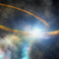 After passing too close to a supermassive black hole in this illustration, a star is torn apart into a thin stream of gas, which is then pulled back around the black hole and slams into itself, creating a bright shock and ejecting more hot material. | ILLUSTRATION BY ROBIN DIENEL/COURTESY OF THE CARNEGIE INSTITUTION FOR SCIENCE/ VIA REUTERS