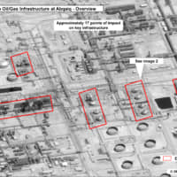 This annotated image released Sunday shows damage to the infrastructure at Saudi Aramco\'s Abaqaiq oil processing facility in Buqyaq, Saudi Arabia. | U.S. GOVERNMENT / DIGITAL GLOBE / VIA AP