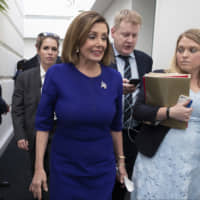Speaker of the House Nancy Pelosi departs a closed-door meeting with the House Democratic Caucus as support grows within her ranks for an impeachment inquiry amid reports that President Donald Trump pressured Ukraine to investigate former Vice President Joe Biden and his family, at the Capitol in Washington Tuesday. | AP