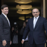 Secretary of Defense Mark Esper welcomes Bahrain\'s Crown Prince Salman bin Hamad Al Khalifa during an arrival ceremony at the Pentagon Tuesday in Washington. | AP