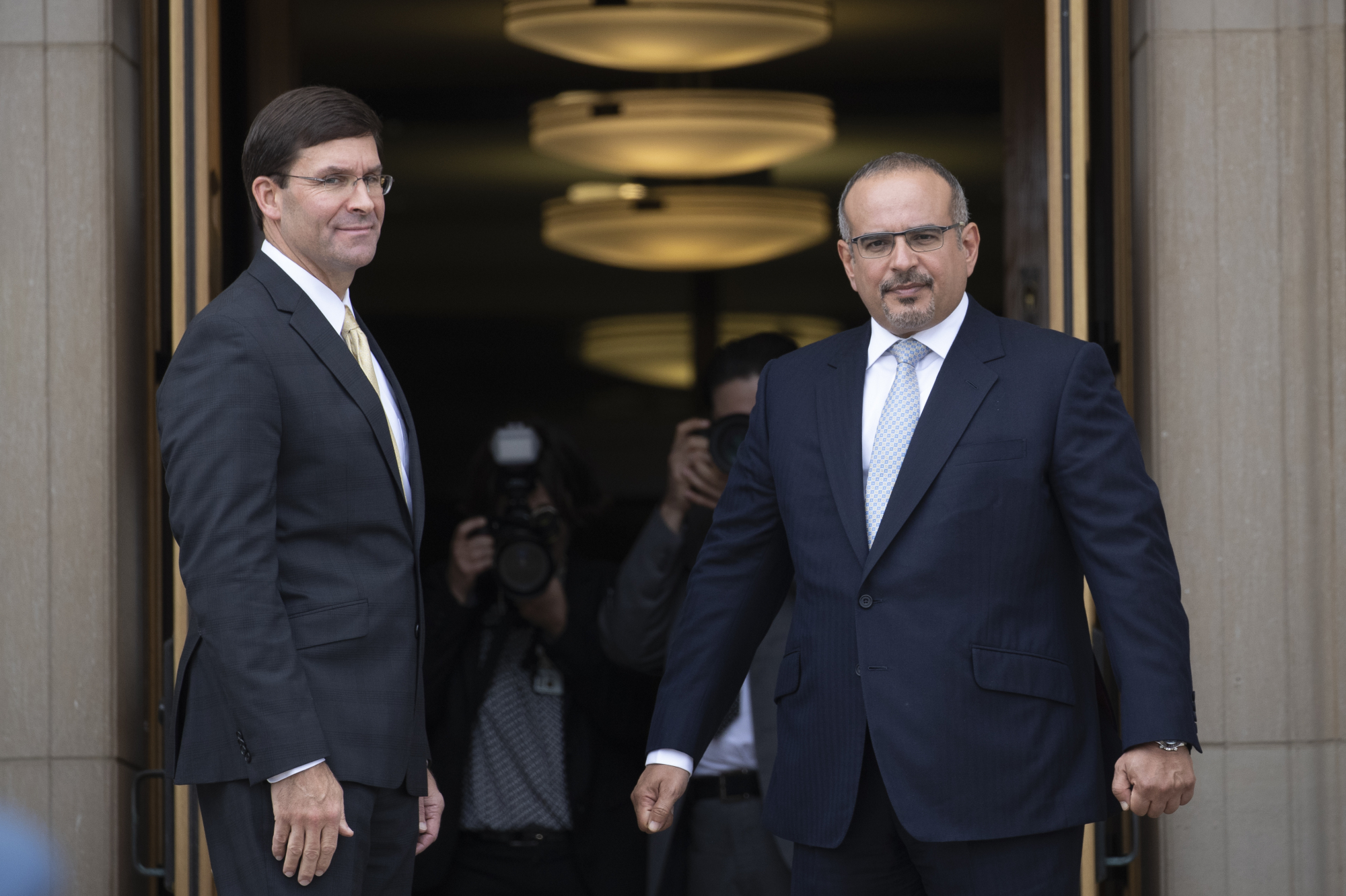 Secretary of Defense Mark Esper welcomes Bahrain's Crown Prince Salman bin Hamad Al Khalifa during an arrival ceremony at the Pentagon Tuesday in Washington. | AP