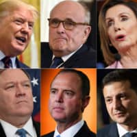 This photo combo created Saturday shows (top from left) U.S. President Donald Trump, lawyer Rudy Giuliani, U.S. Speaker of the House Nancy Pelosi, (bottom from left) U.S. Secretary of State Mike Pompeo, U.S. House Intelligence Committee Chairman Adam Schiff and Ukrainian President Volodymyr Zelenskiy. | AFP-JIJI