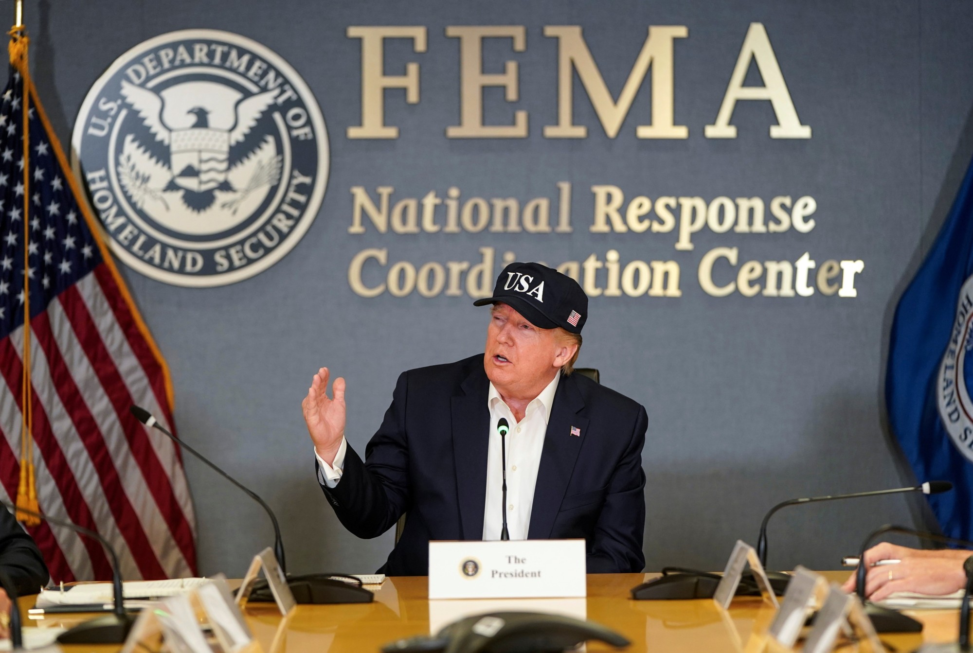 U.S. President Donald Trump speaks during a Federal Emergency Management Agency briefing on Hurricane Dorian at FEMA Headquarters in Washington Sunday. | REUTERS