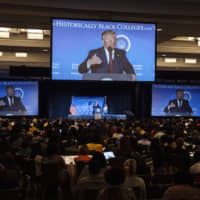 U.S. President Donald Trump speaks during the 2019 National Historically Black Colleges and Universities Week Conference in Washington on Tuesday. Trump said he fired his hawkish national security adviser, John Bolton, after disagreeing \"strongly\" with many of his positions, ending a tumultuous tenure marked by multiple setbacks in U.S. foreign policy. | BLOOMBERG
