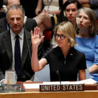 U.S. Ambassador to the United Nations Kelly Craft votes during her first Security Council meeting on Sept. 12. | REUTERS