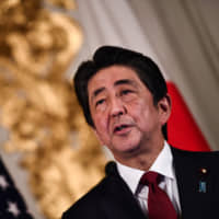 Prime Minister Shinzo Abe speaks at the Akasaka Palace in Tokyo on May 27. | AFP-JIJI