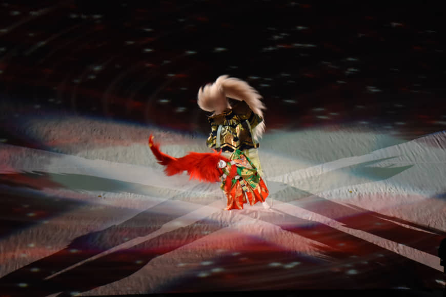 Two kabuki actors, Udanji Ichikawa III and his son, Ukon Ichikawa, perform at the opening ceremony of the 2019 Rugby World Cup. | DAN ORLOWITZ