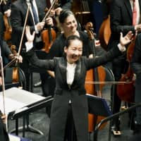 Nodoka Okisawa takes part in the 56th Besancon International Competition for Young Conductors in Besancon, France, on Saturday. | KYODO