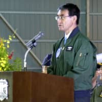 Defense Minister Taro Kono addresses a ceremony held at the Air Self-Defense Force\'s Chitose base in Hokkaido for a joint combat drill with Australia. | KYODO