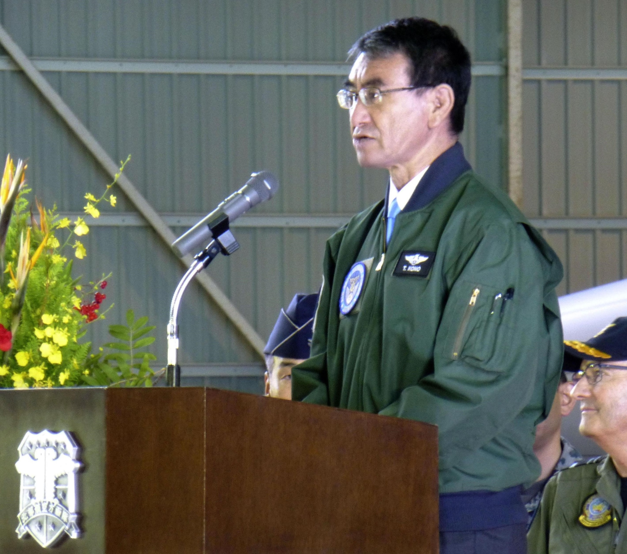 Defense Minister Taro Kono addresses a ceremony held at the Air Self-Defense Force's Chitose base in Hokkaido for a joint combat drill with Australia. | KYODO