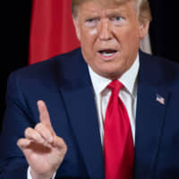 U.S. President Donald Trump speaks during a meeting with Polish President Andrzej Duda on the sidelines of the U.N. General Assembly in New York on Sept. 23. | AFP-JIJI