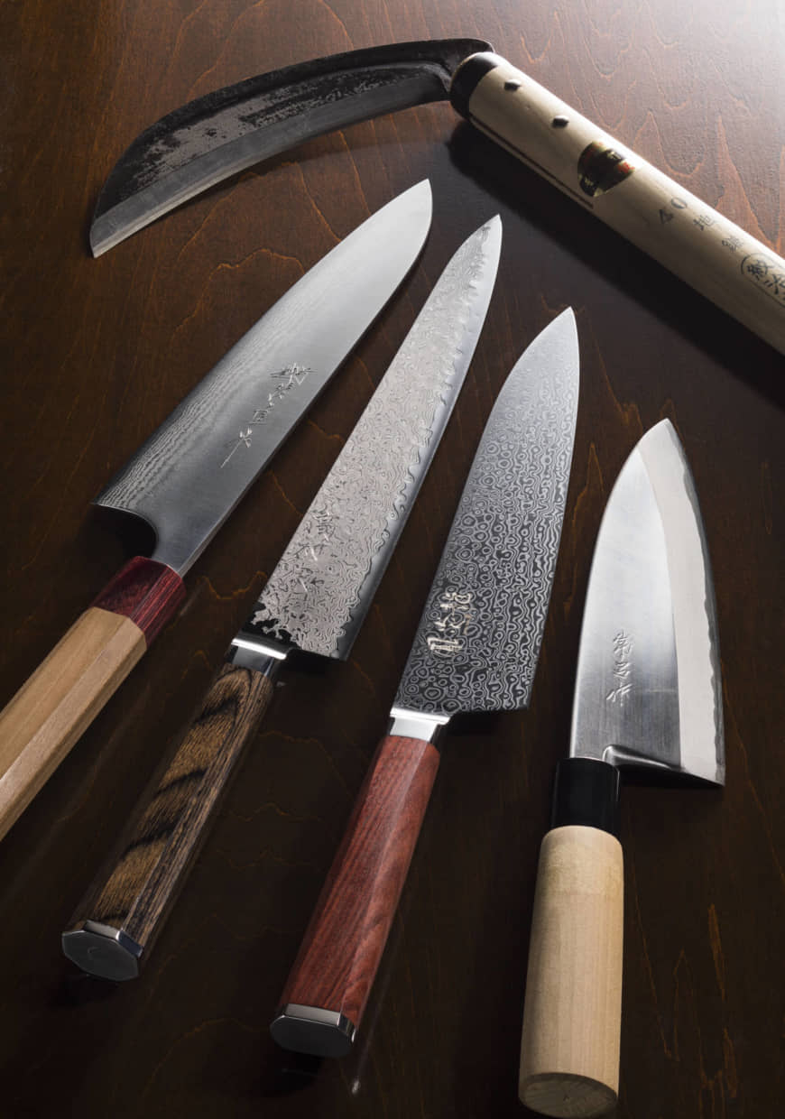 World-class blades: Knives forged by Echizen knife masters (from right) Masaji Shimizu, Koji Masutani, Terukazu Takamura, Katsushige Anryu and Masanobu Okada