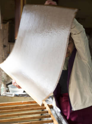 Fresh from the press: Hiroko Tanino raises a just-made sheet of Hosokawa-shi up from the paper mold. | MASASHI KUMA