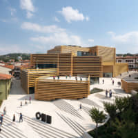 The Odunpazari Modern Museum, designed by Kengo Kuma &amp; Associates features a Turkish stone plaza with steps in a fan configuration designed to draw visitors into the building. | © NAARO