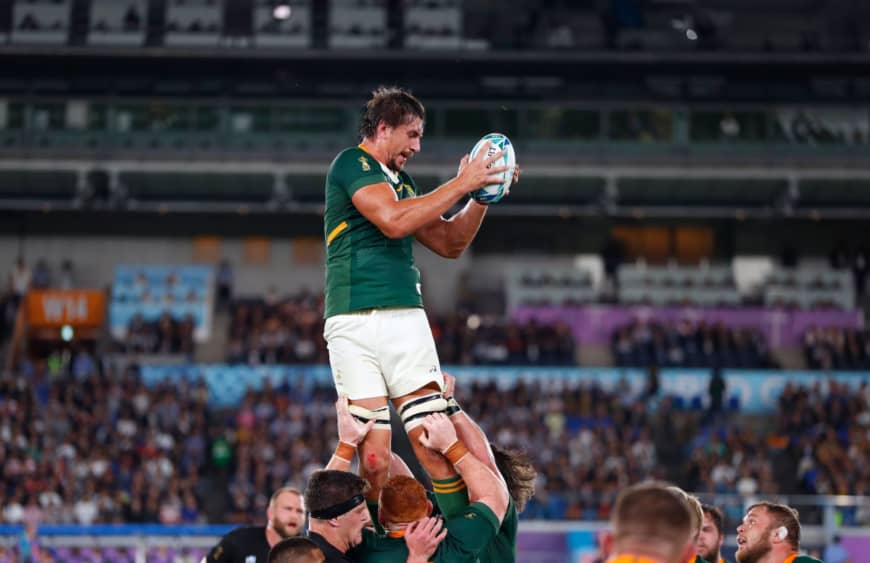 South Africa's Eben Etzebeth catches the ball during a lineout on Saturday. | AFP-JIJI