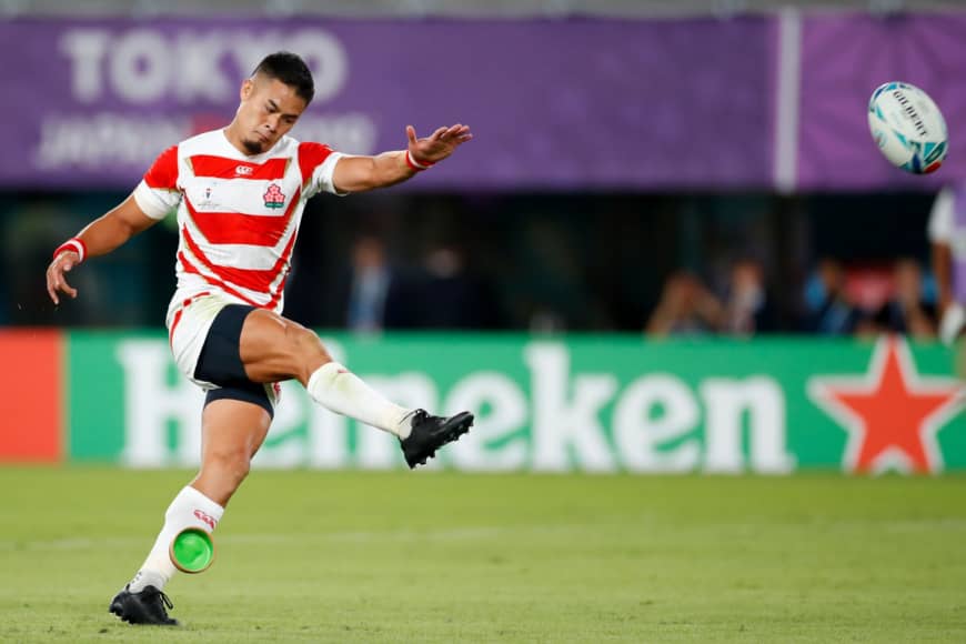 Japan flyhalf Yu Tamura kicks a penalty during Friday's match against Russia. | AFP-JIJI