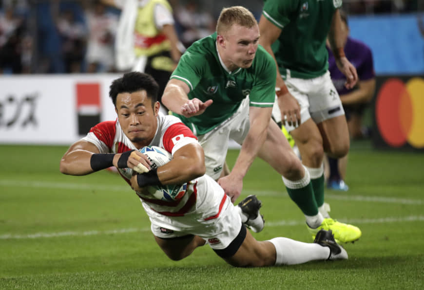 Japan’s Kenki Fukuoka scores a try against Ireland on Saturday. | AP