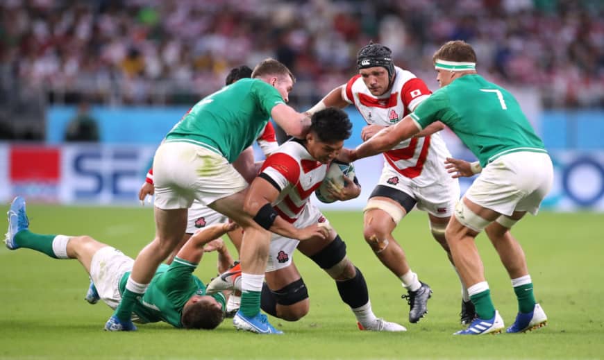 Japan's Kazuki Himeno carries the ball against Ireland in a Rugby World Cup Pool A match on Saturday at Shizuoka Stadium Ecopa. | REUTERS